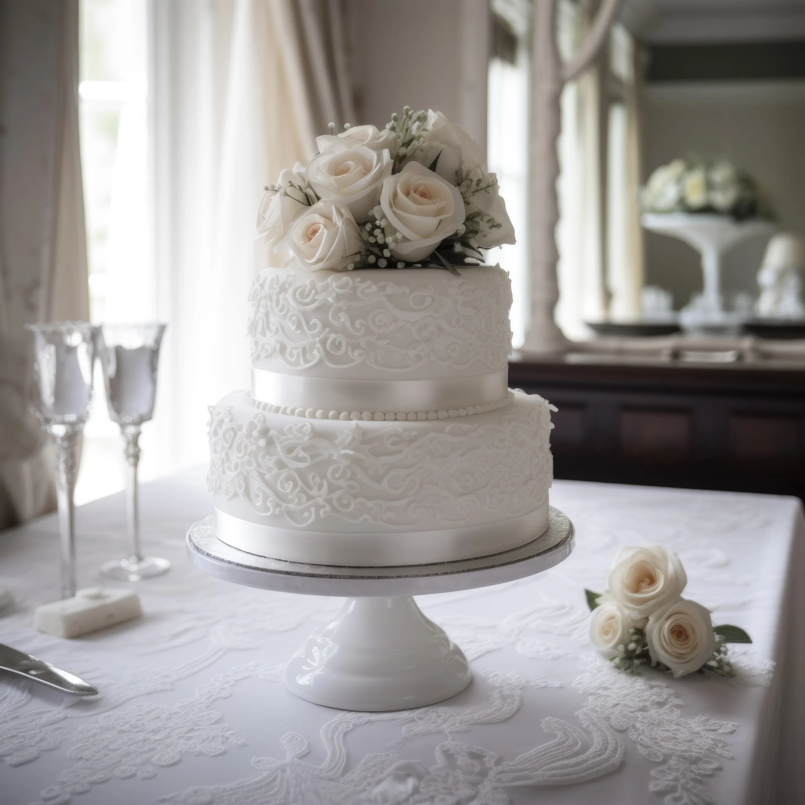 Hestercombe Gardens: a white wedding cake sitting on top of a table.