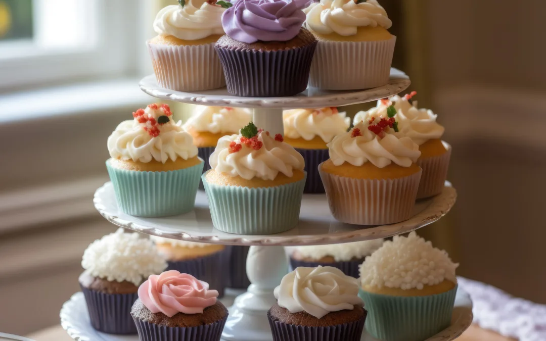 Cup Cake weddings:a three tiered cake stand with cupcakes on it.