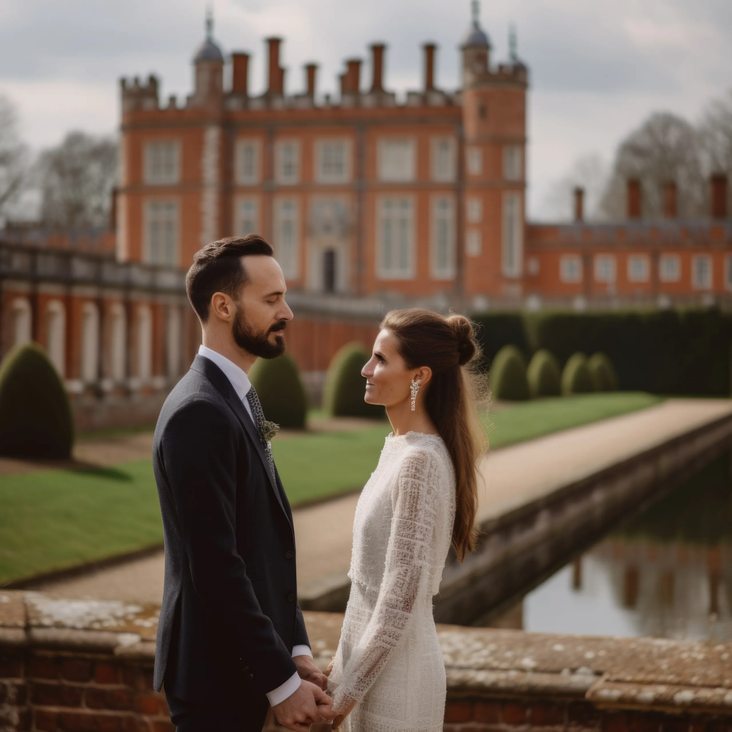 Wedding at Hampton Court Palace:a man and a woman standing in front of a building.