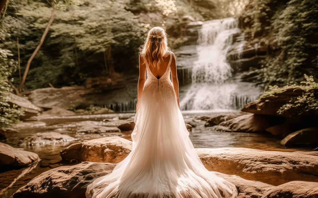 Pose the Bride: a woman in a wedding dress standing in front of a waterfall.