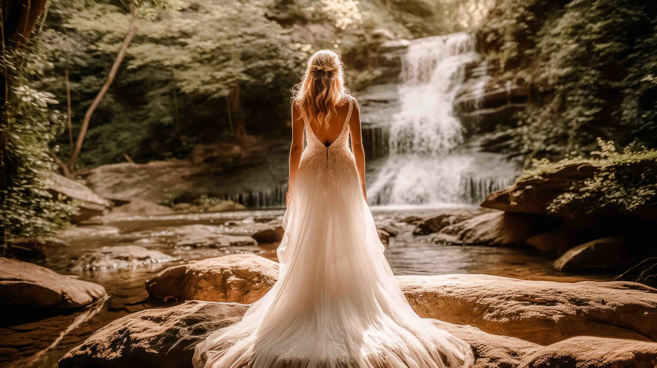 Pose the Bride: a woman in a wedding dress standing in front of a waterfall.