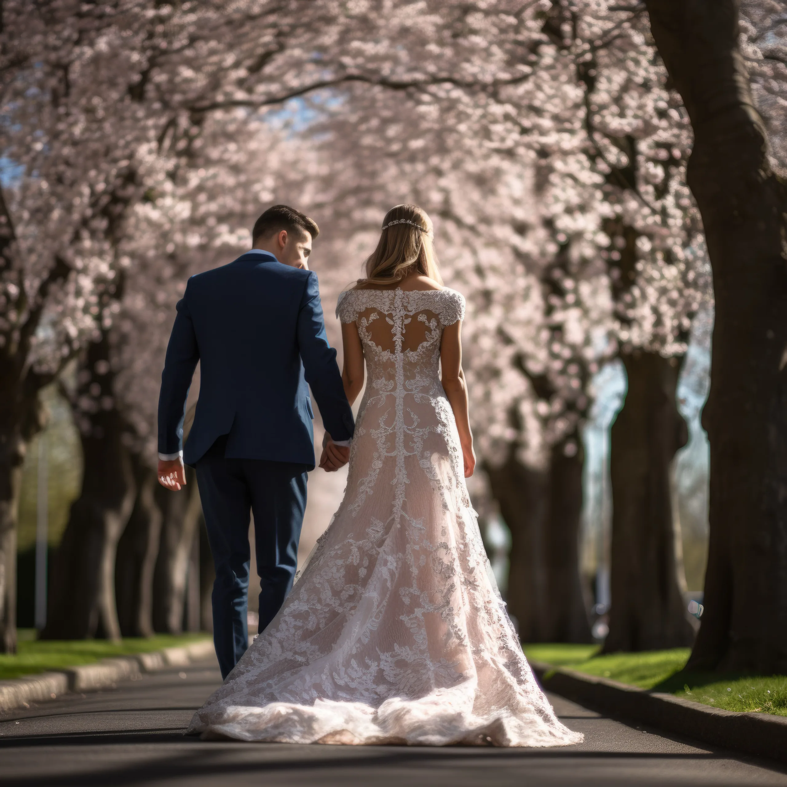 a bride and groom walking down a tree lined street.