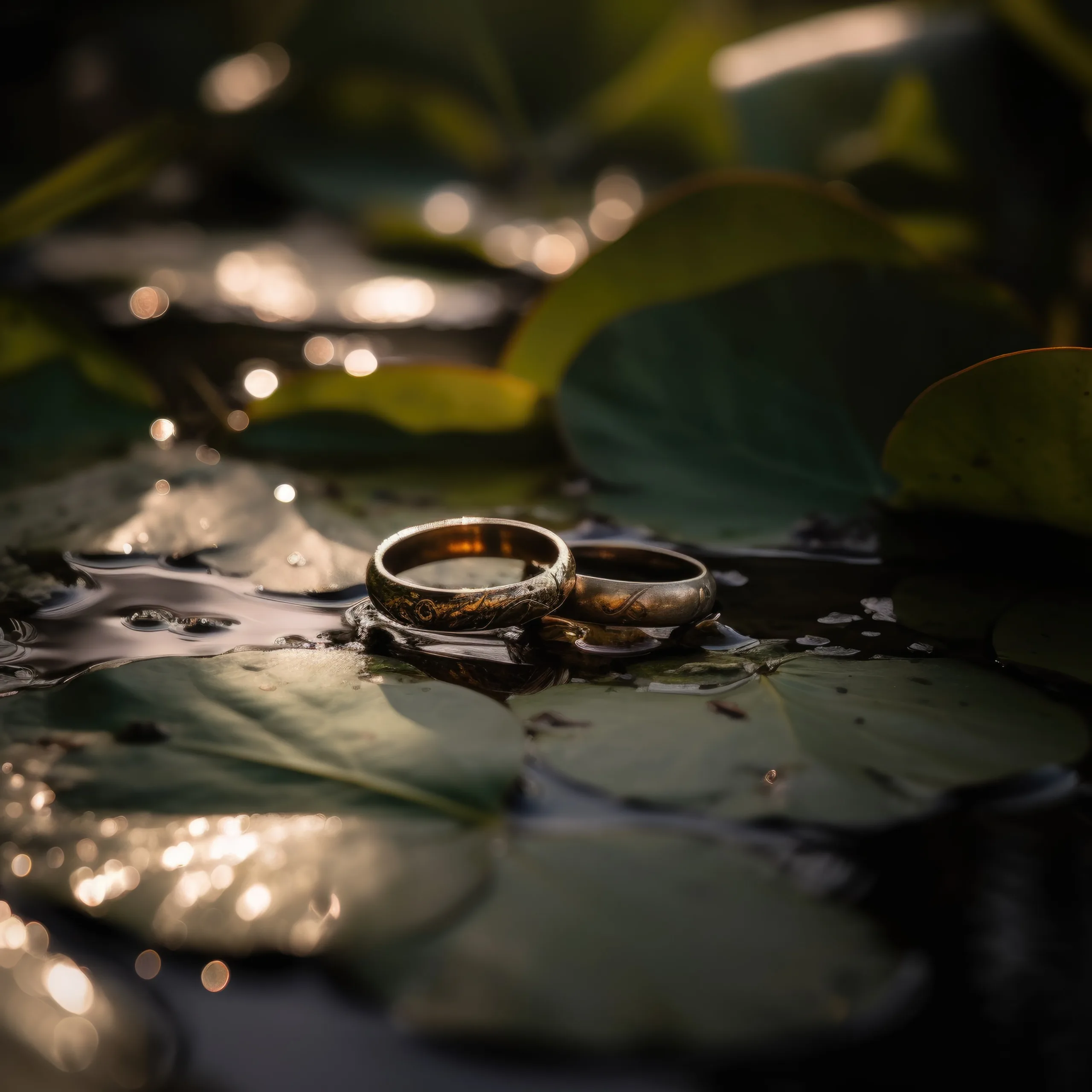jewellery Photography: ORCHARDLEIGH HOUSE WEDDINGS:two wedding rings sitting on top of a lily pad.