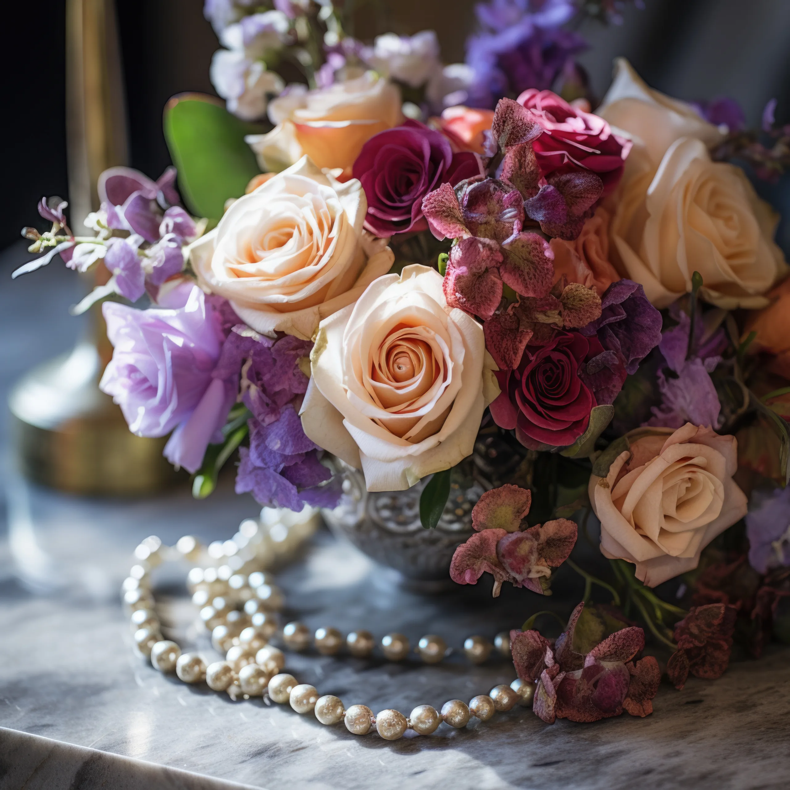 a bouquet of flowers and pearls on a table.