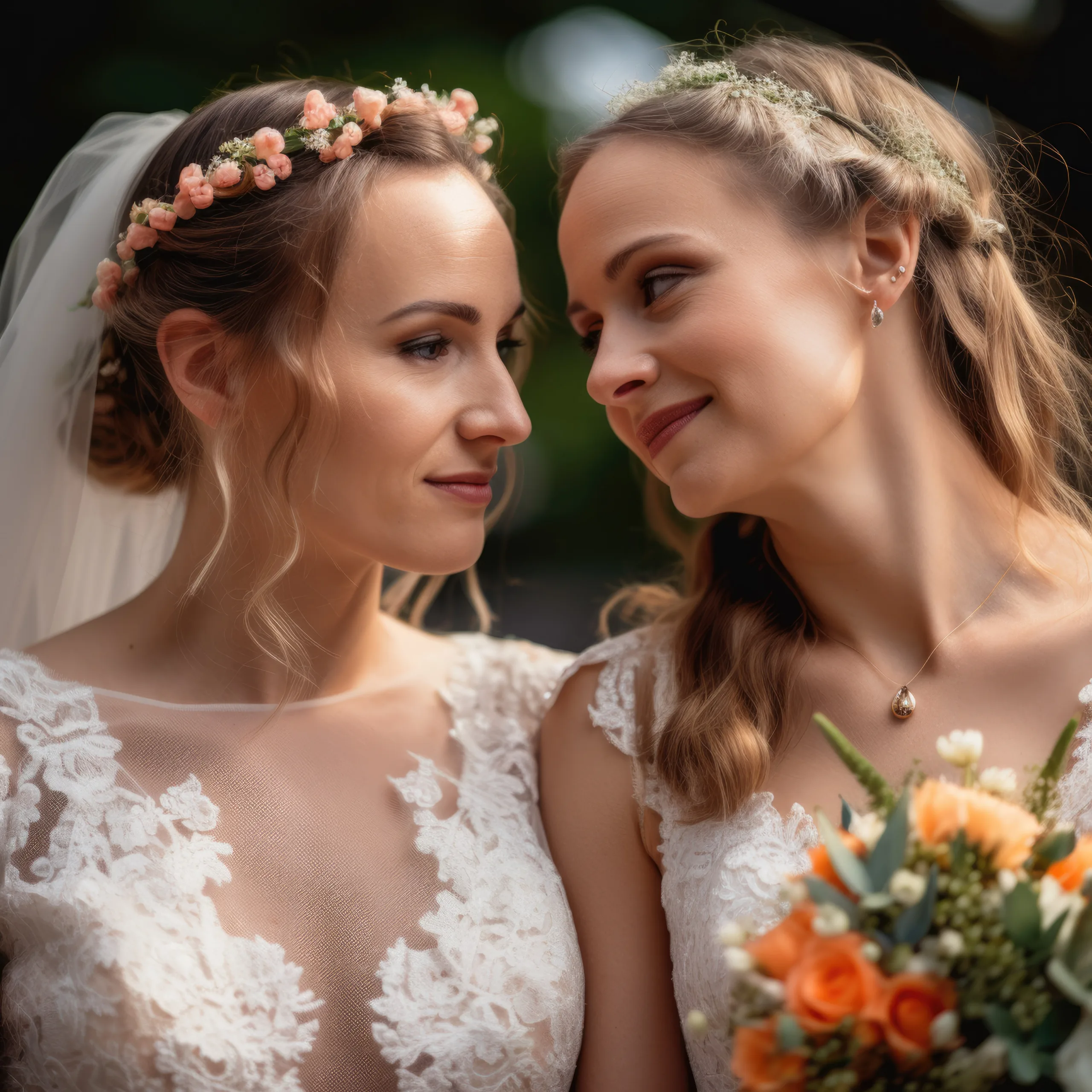 two beautiful young women standing next to each other.