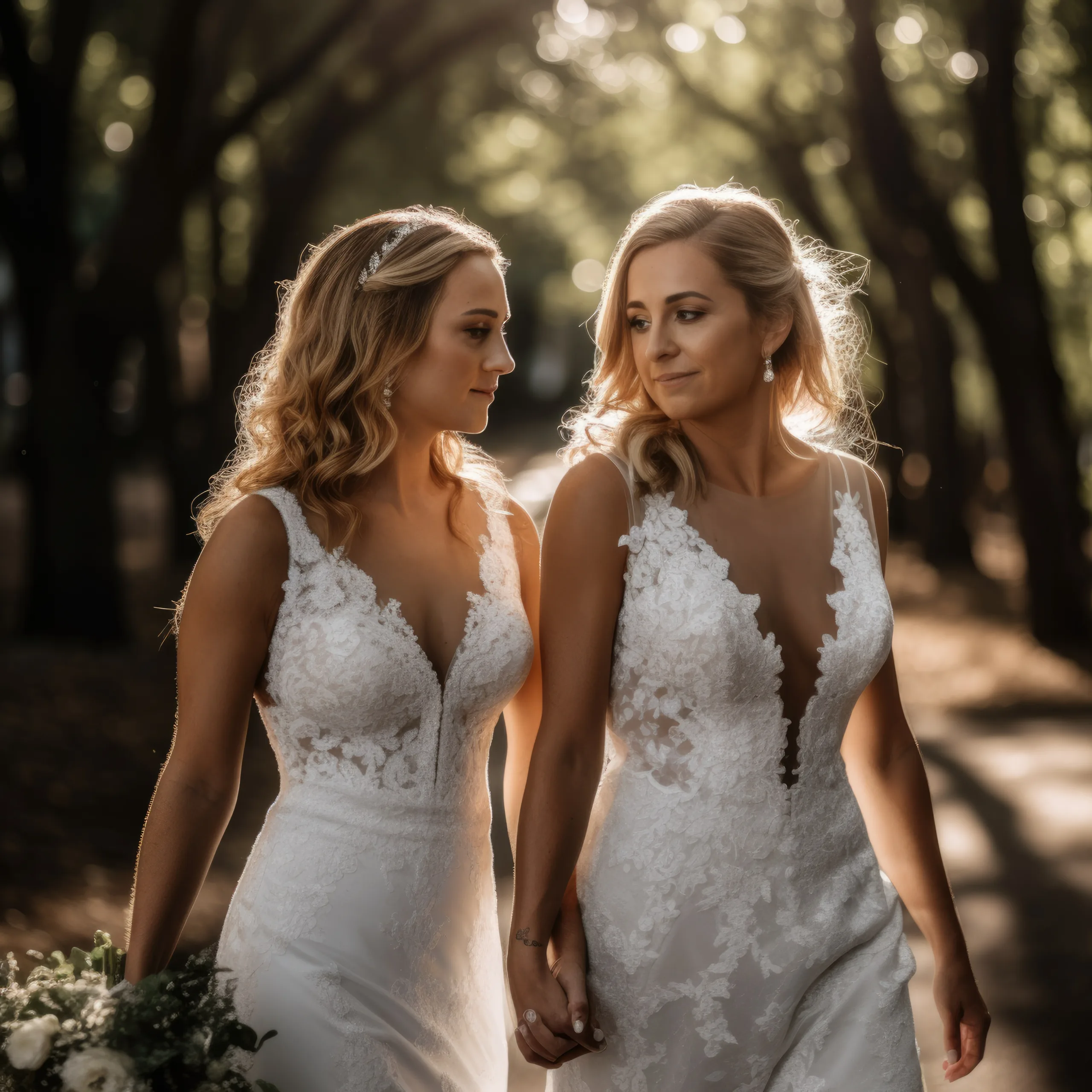 Book a pro for your wedding photos: two beautiful women in white dresses holding hands.