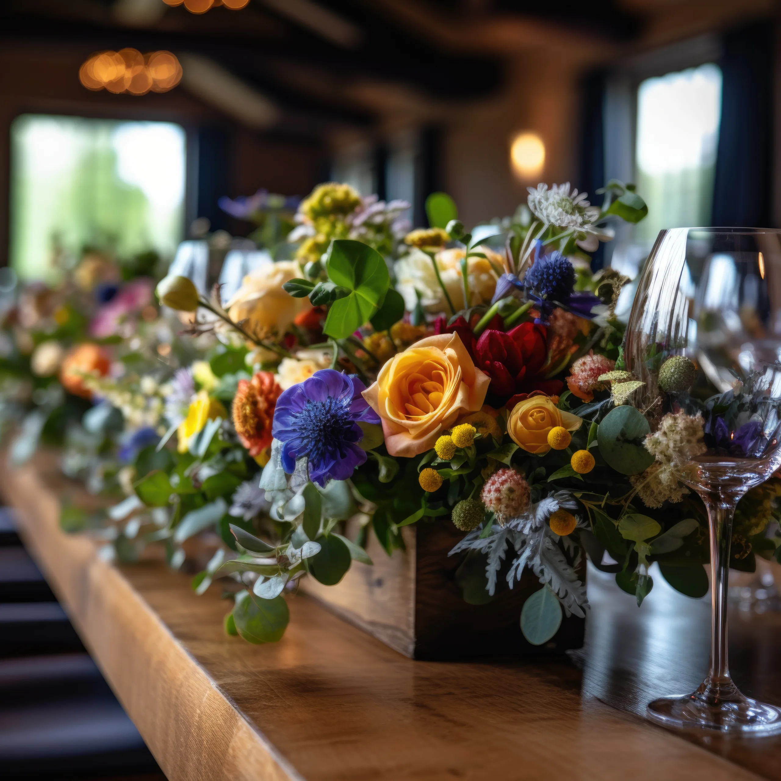 Wedding Table Flower Display :a row of wine glasses sitting on top of a wooden table.