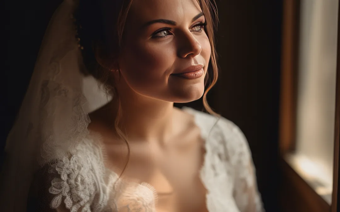 Plus size Brides: a woman in a wedding dress looking out a window.