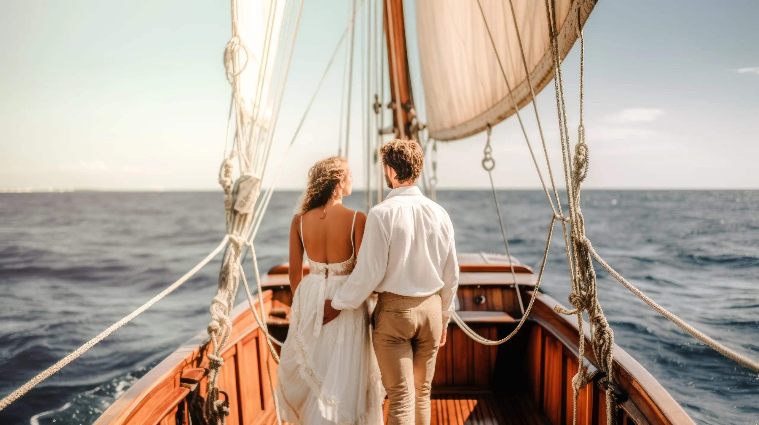 yacht wedding photography: a man and a woman standing on the deck of a boat.