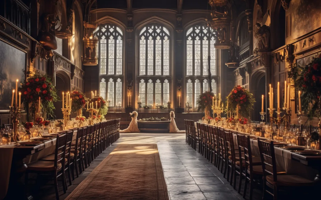 Castle weddings: a long table with flowers and candles in front of a large window.