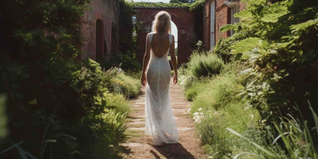 Wedding Photographer Bath: a woman in a white dress walking down a path.