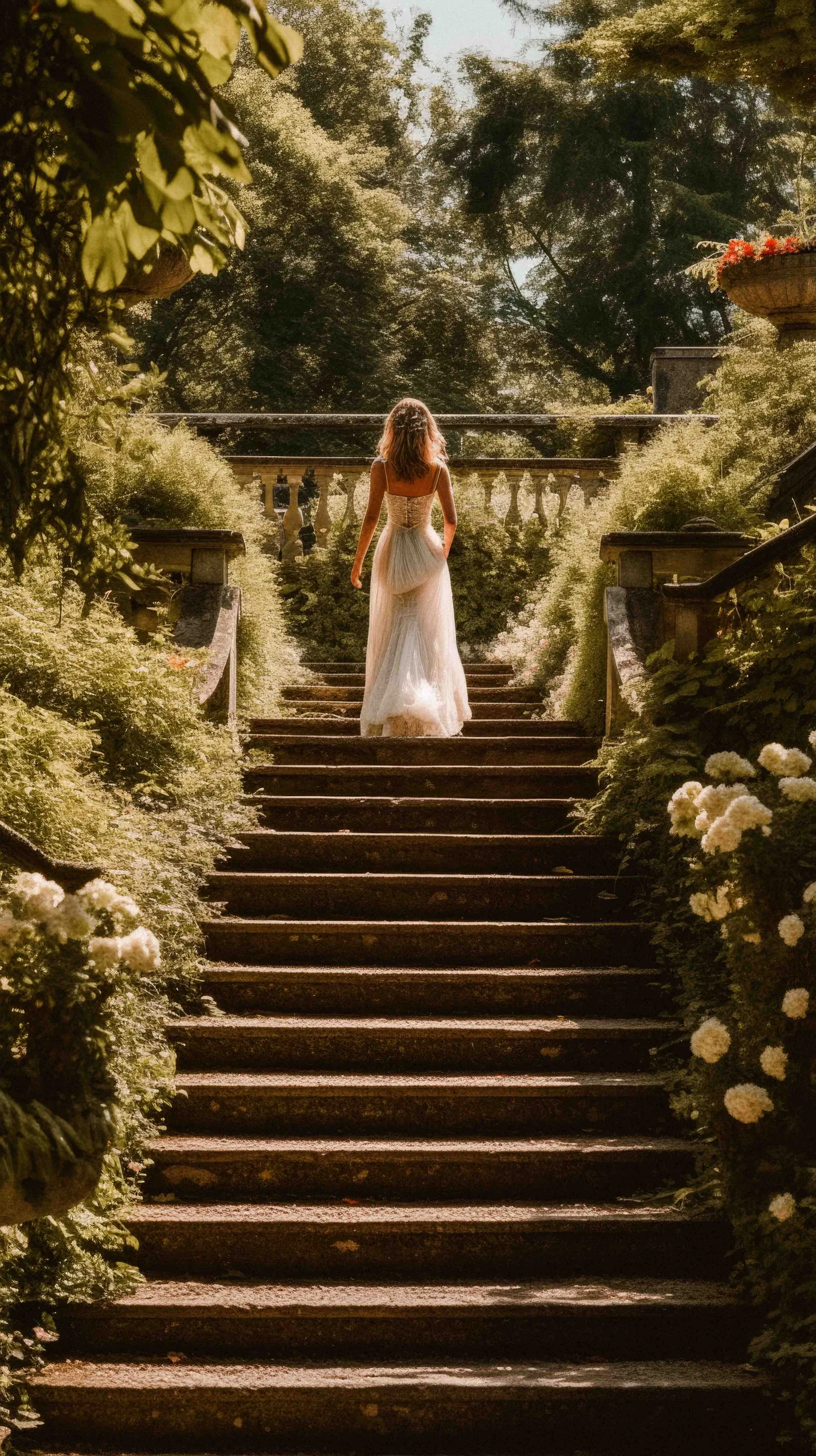 Posing a Bride: woman in a white dress walking down a set of stairs.