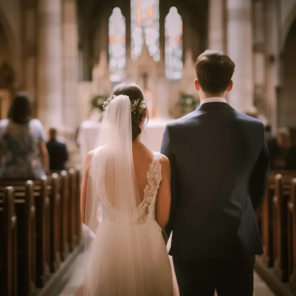Chapel Weddings:a bride and groom walking down the aisle of a church.