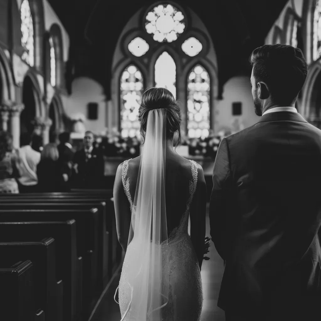 Chapel Wedding: a bride and groom walking down the aisle of a church.