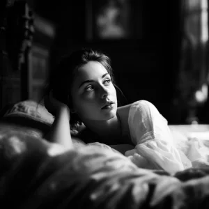 Pennard House Wedding Photographer:a black and white photo of a woman laying on a bed.