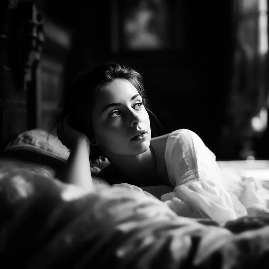 Pennard House Wedding Photographer:a black and white photo of a woman laying on a bed.