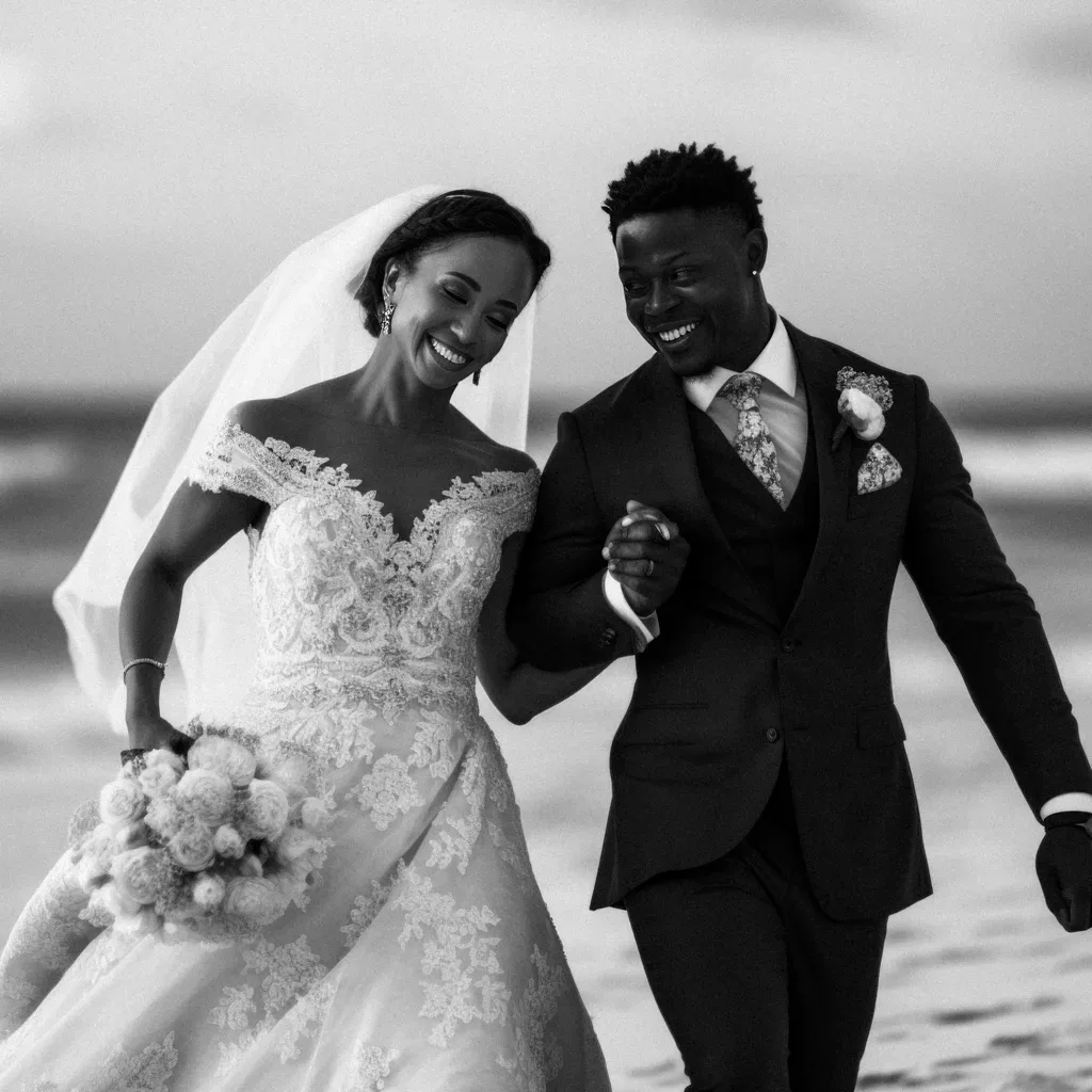 Caribbean wedding photographer:a bride and groom walking on the beach.