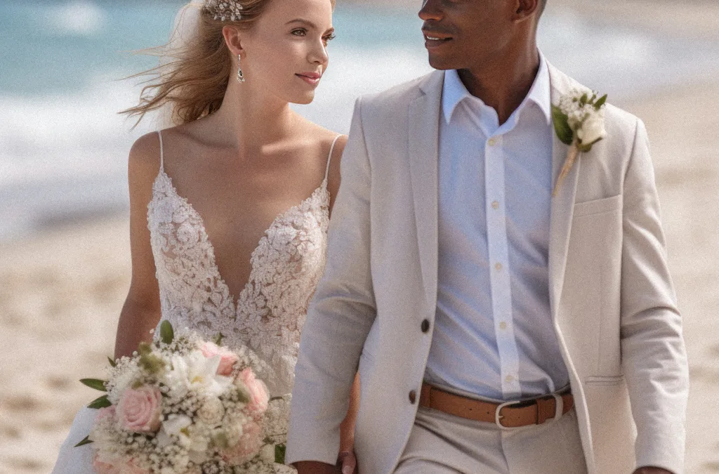 Caribbean Beach Wedding: a bride and groom walking on the beach.