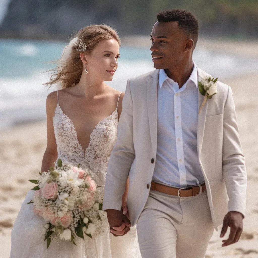 Caribbean Beach Wedding: a bride and groom walking on the beach.