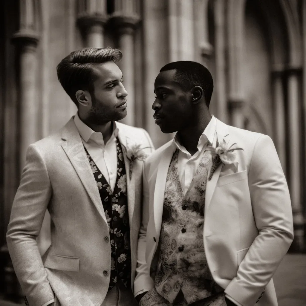 Same-Sex wedding photographer Bath UK:two men standing next to each other in front of a building.