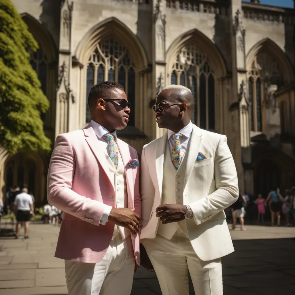 Same-Sex wedding: two men in suits standing next to each other.