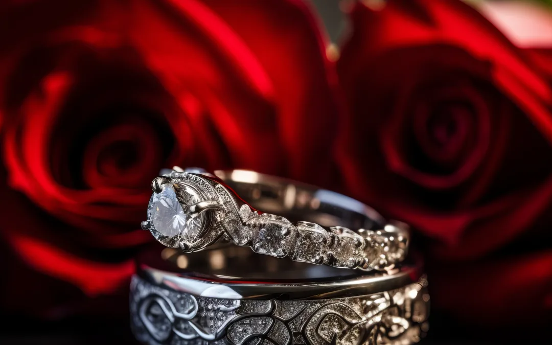 Dimond Wedding rings on a table.