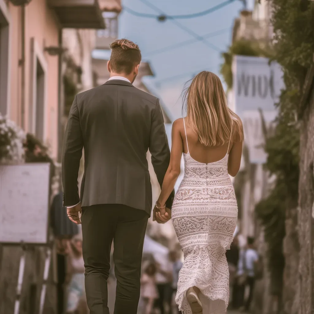 The town of Sorrento:a man and a woman walking down a street holding hands.