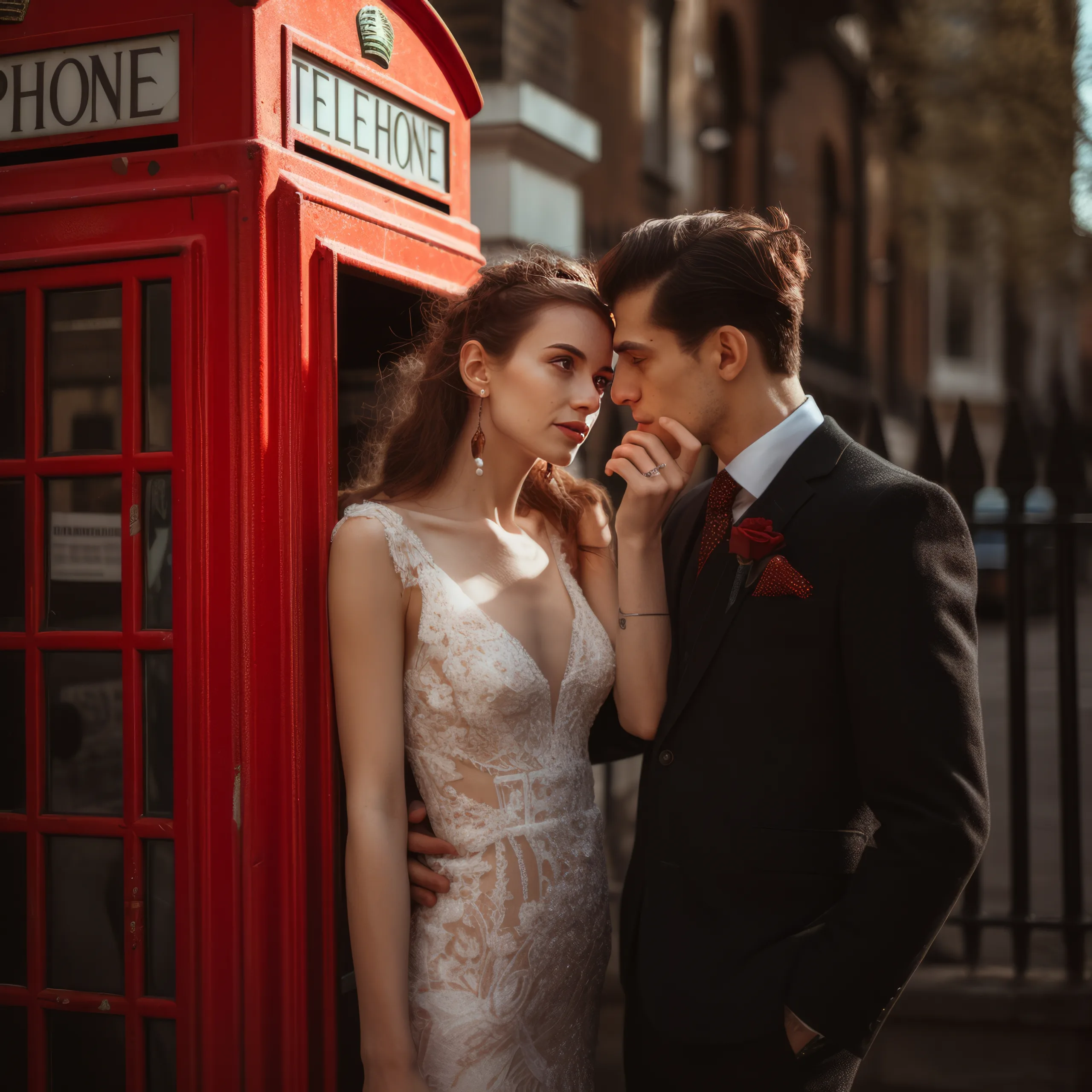 History of Weddings:a man and a woman standing next to a red phone booth.