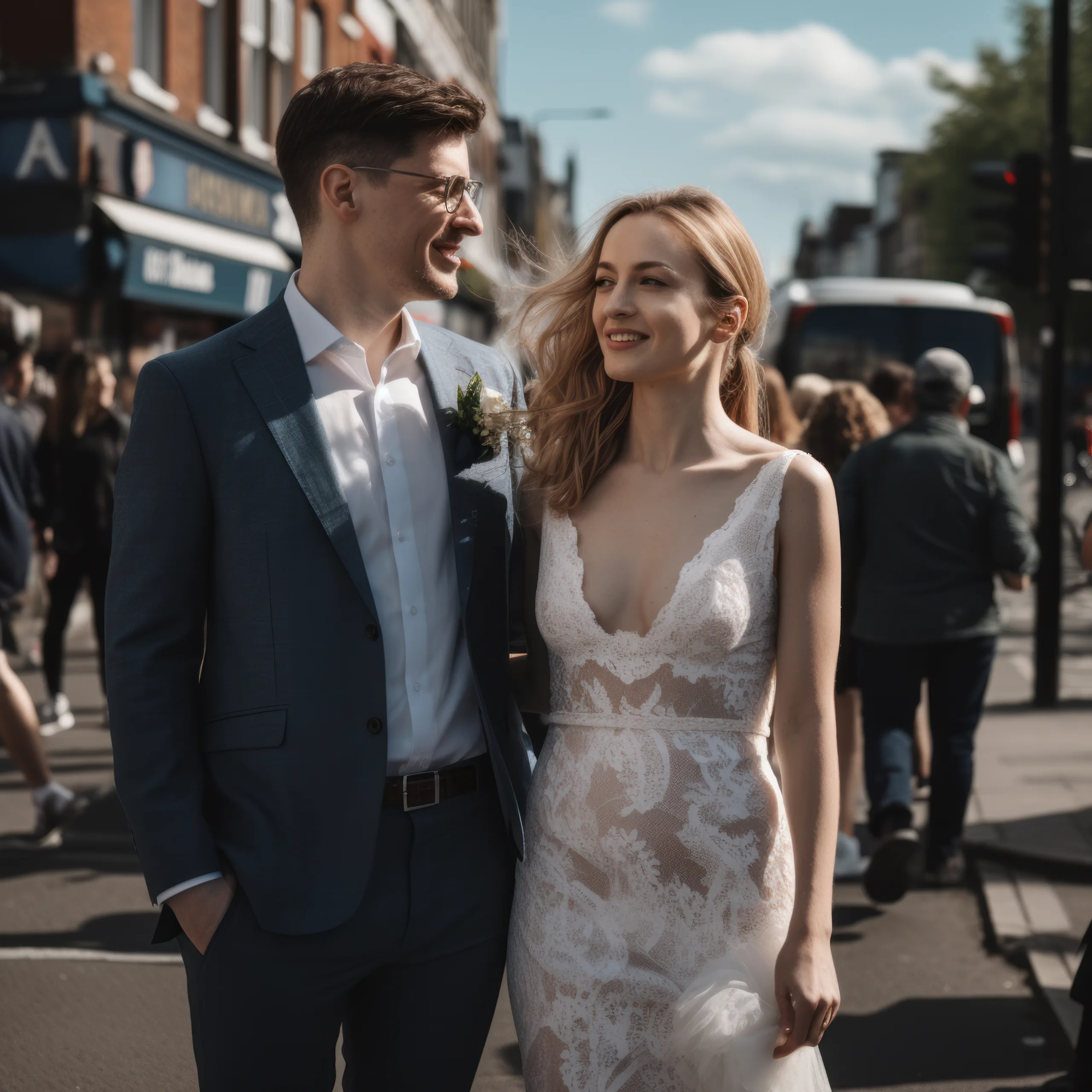 Street Photo of Bride and groom: a man and a woman standing next to each other on a street.
