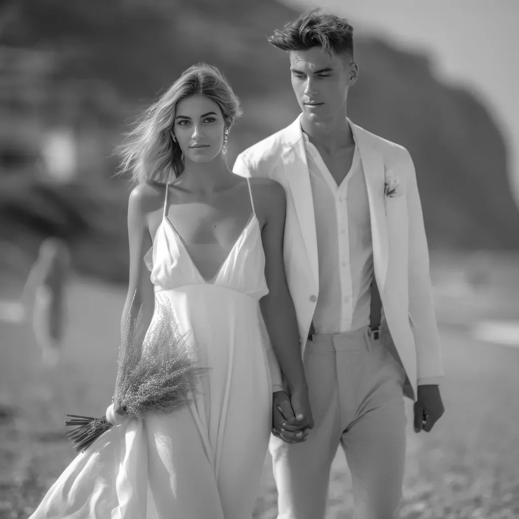 Sorrento Weddings:a man and a woman walking on a beach. In the Caribbean