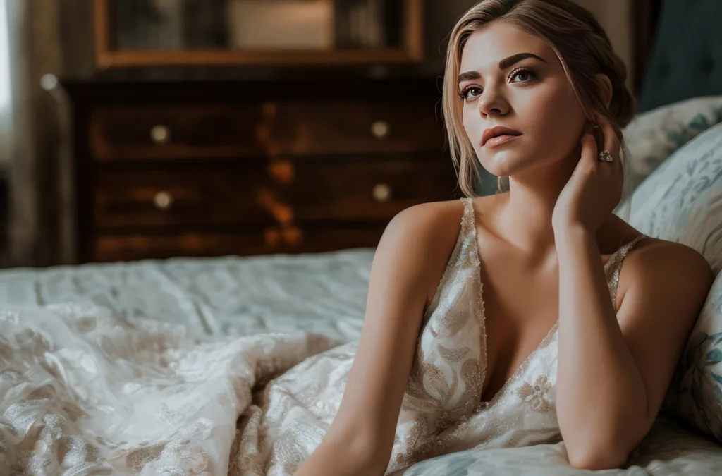 A boudoir model posing on a bed in a white gown.