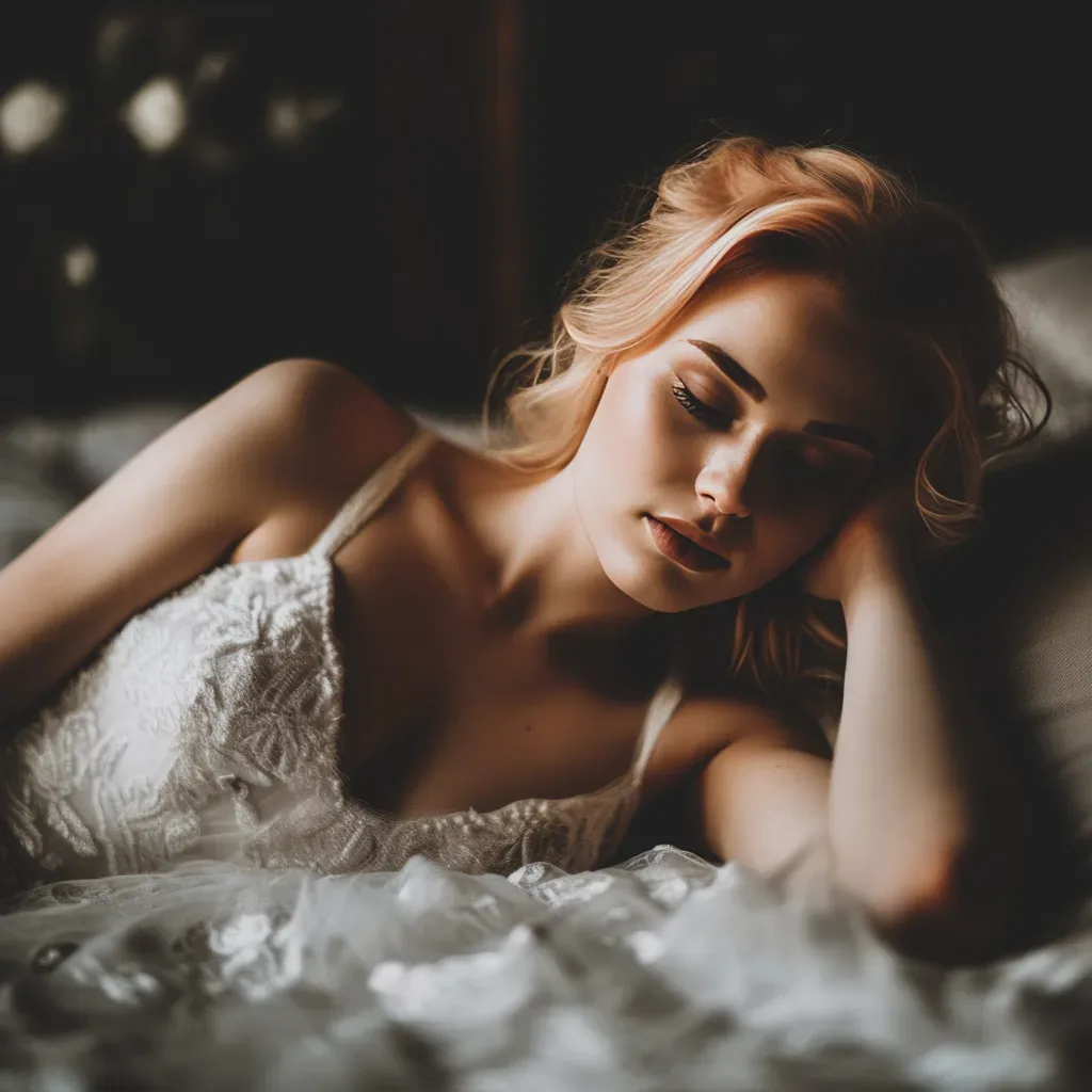 Beautiful, boudoir photography:a beautiful woman laying on top of a bed.