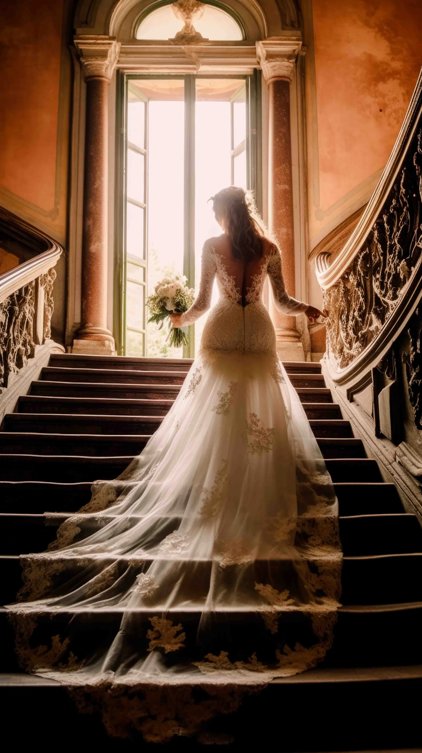 Lighting Tips: a woman in a wedding dress walking down a set of stairs.