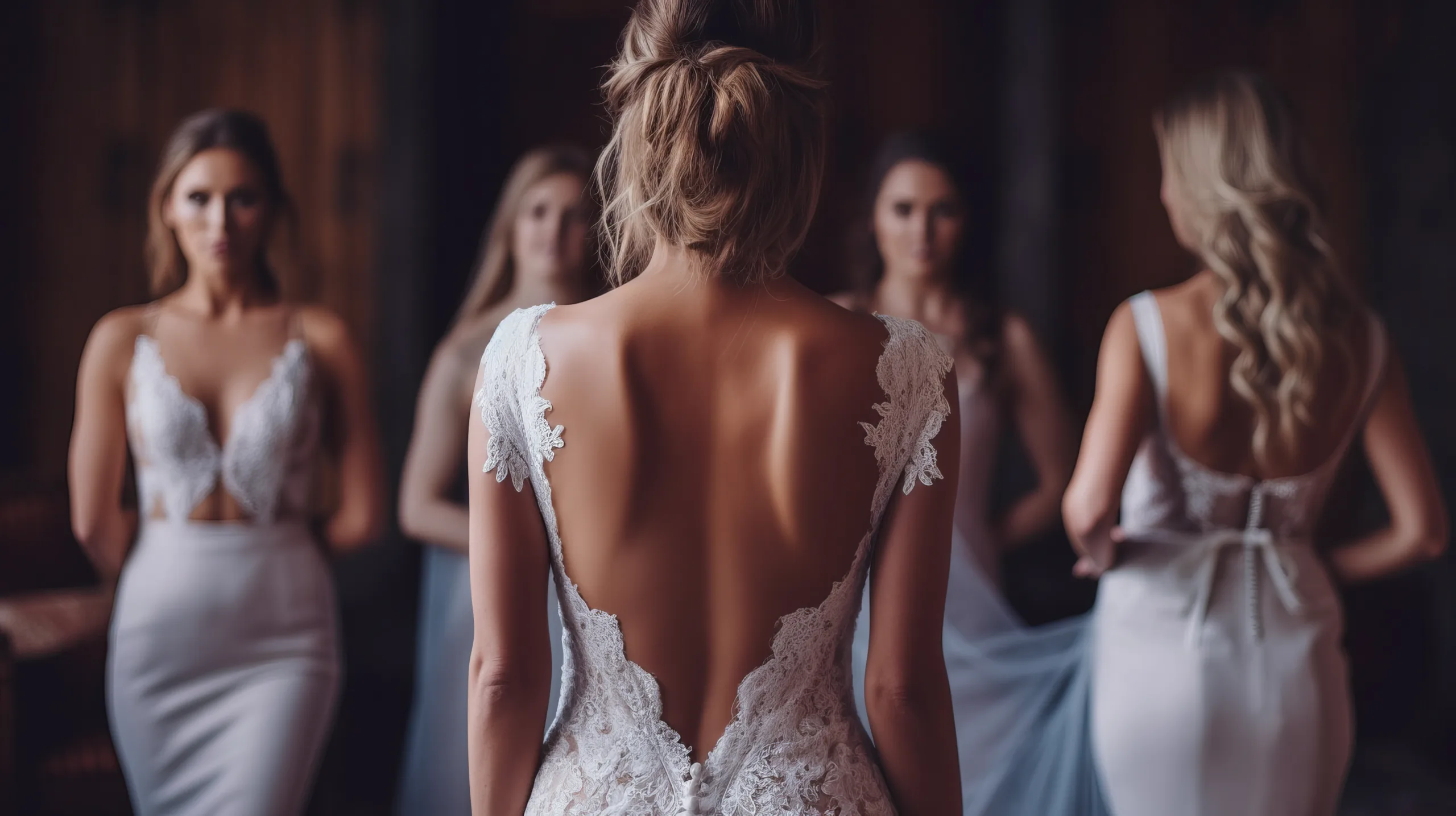 Skills of low light Photography: a woman in a wedding dress looking at her reflection in a mirror.