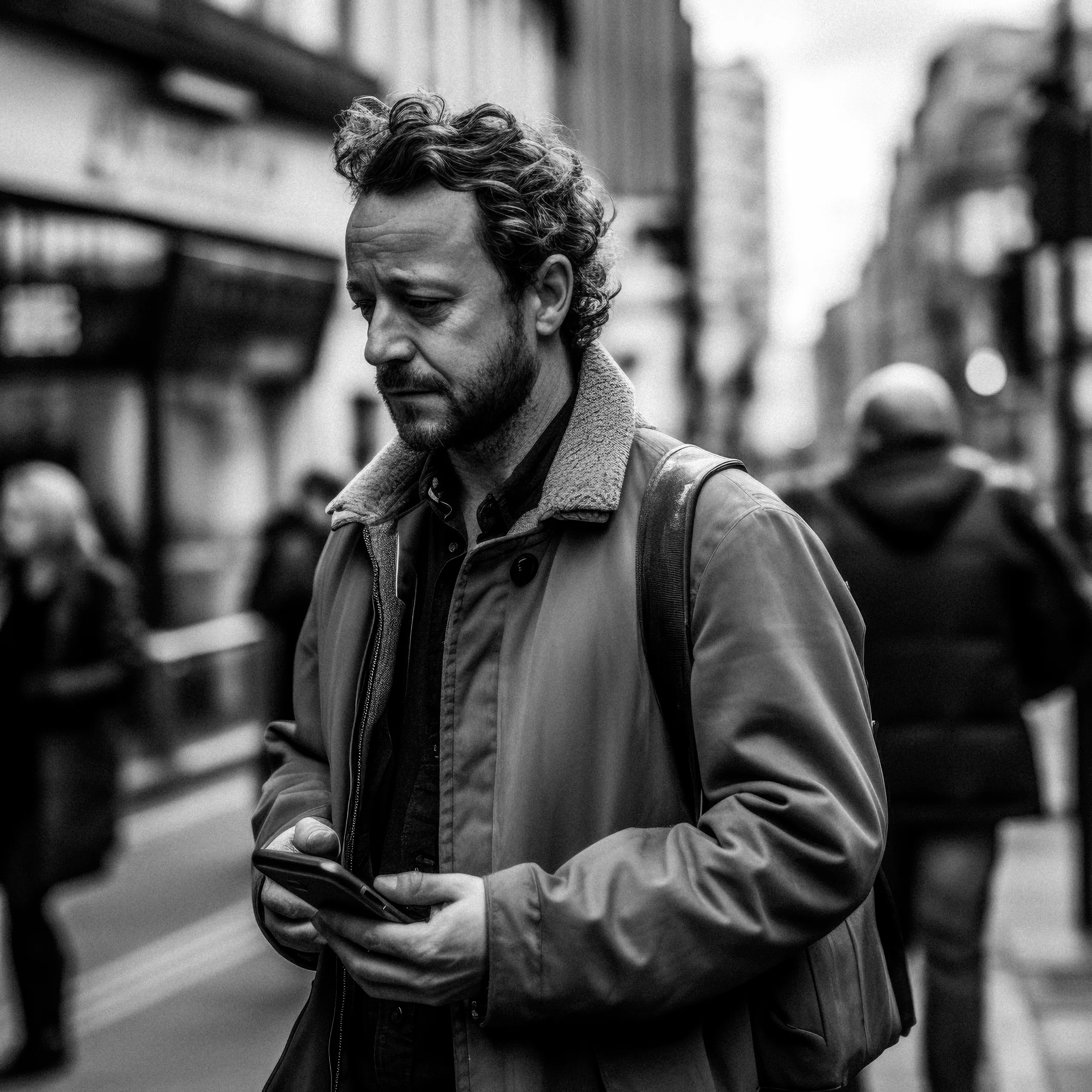 Street Photographer:a man standing on a street looking at his cell phone.