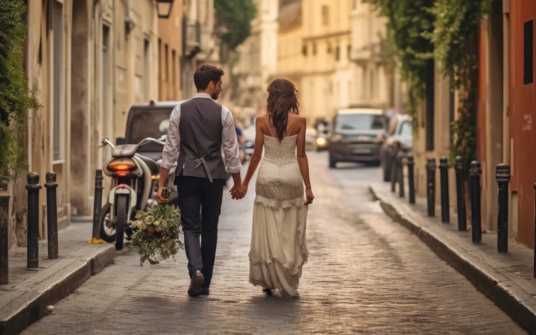 Photographer wedding Tips:a bride and groom walking down a narrow street.