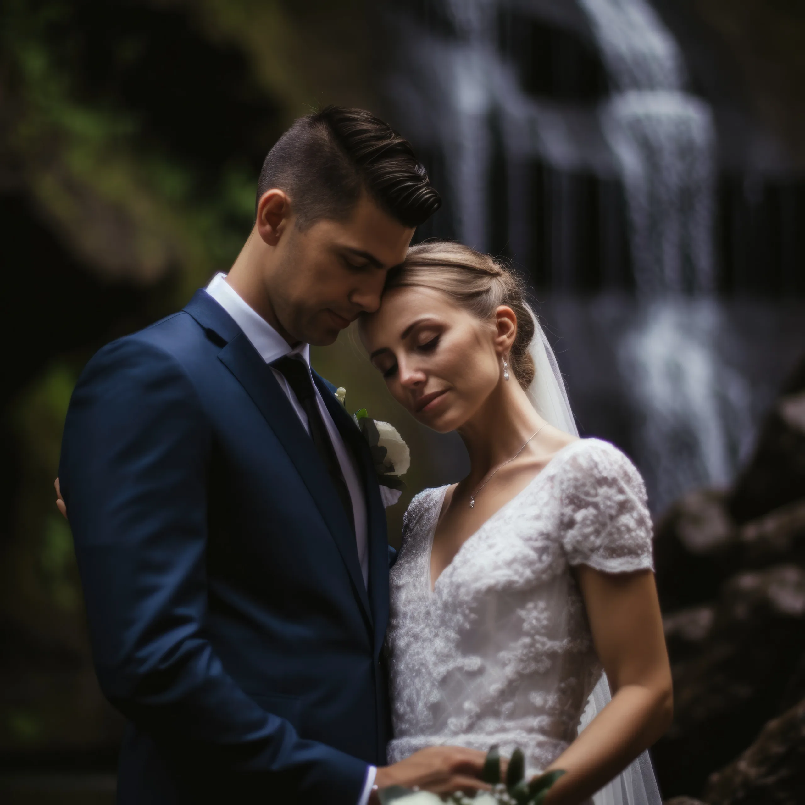 Wedding Photographer: a bride and groom standing in front of a waterfall.