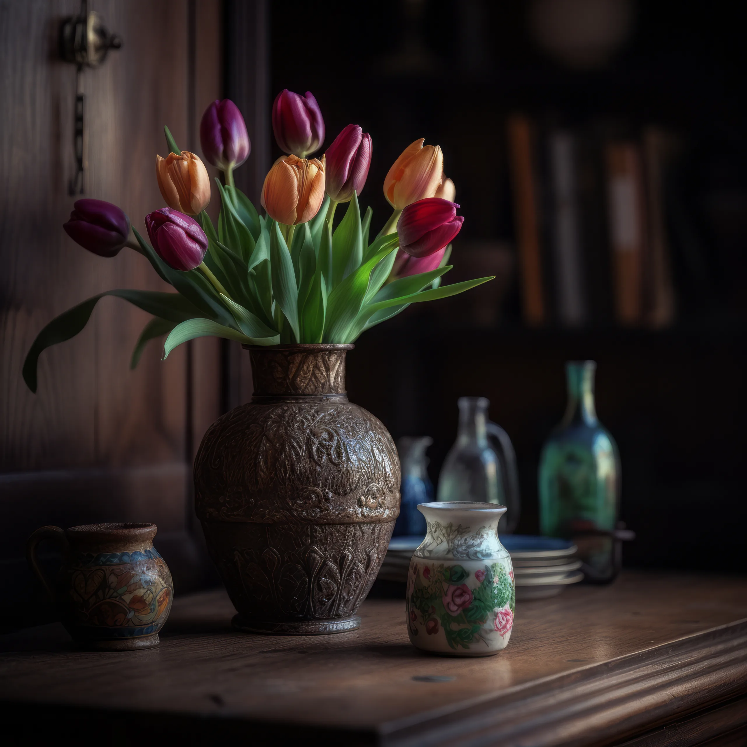 Product Photographer:a vase filled with lots of flowers on top of a table.