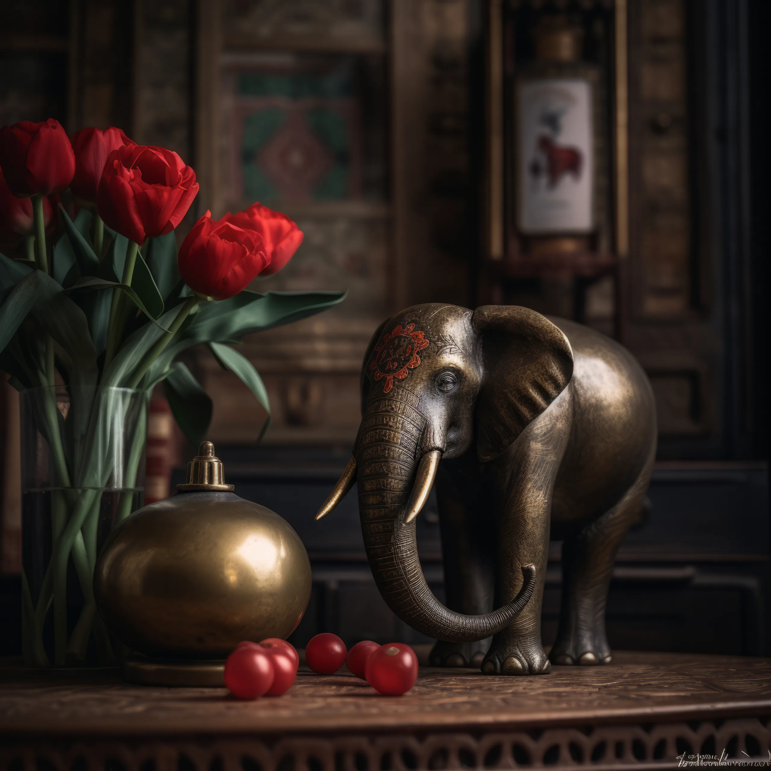 Product photography: a statue of an elephant next to a vase of flowers.