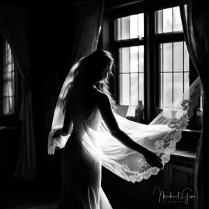 50 tips:a woman standing in front of a window holding a veil.