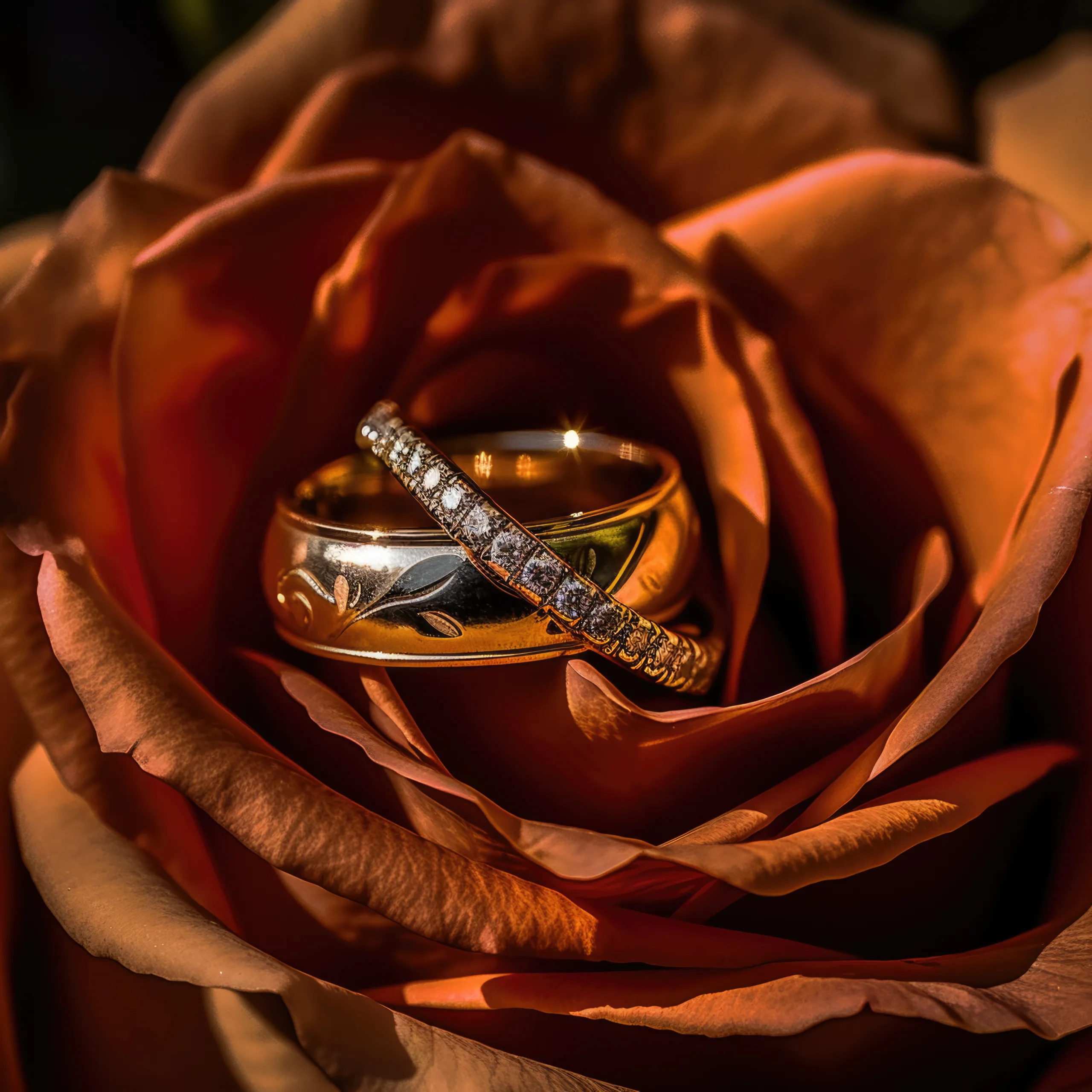 Weddings on the Orchardleigh Estate:two wedding rings sitting on top of a rose.
