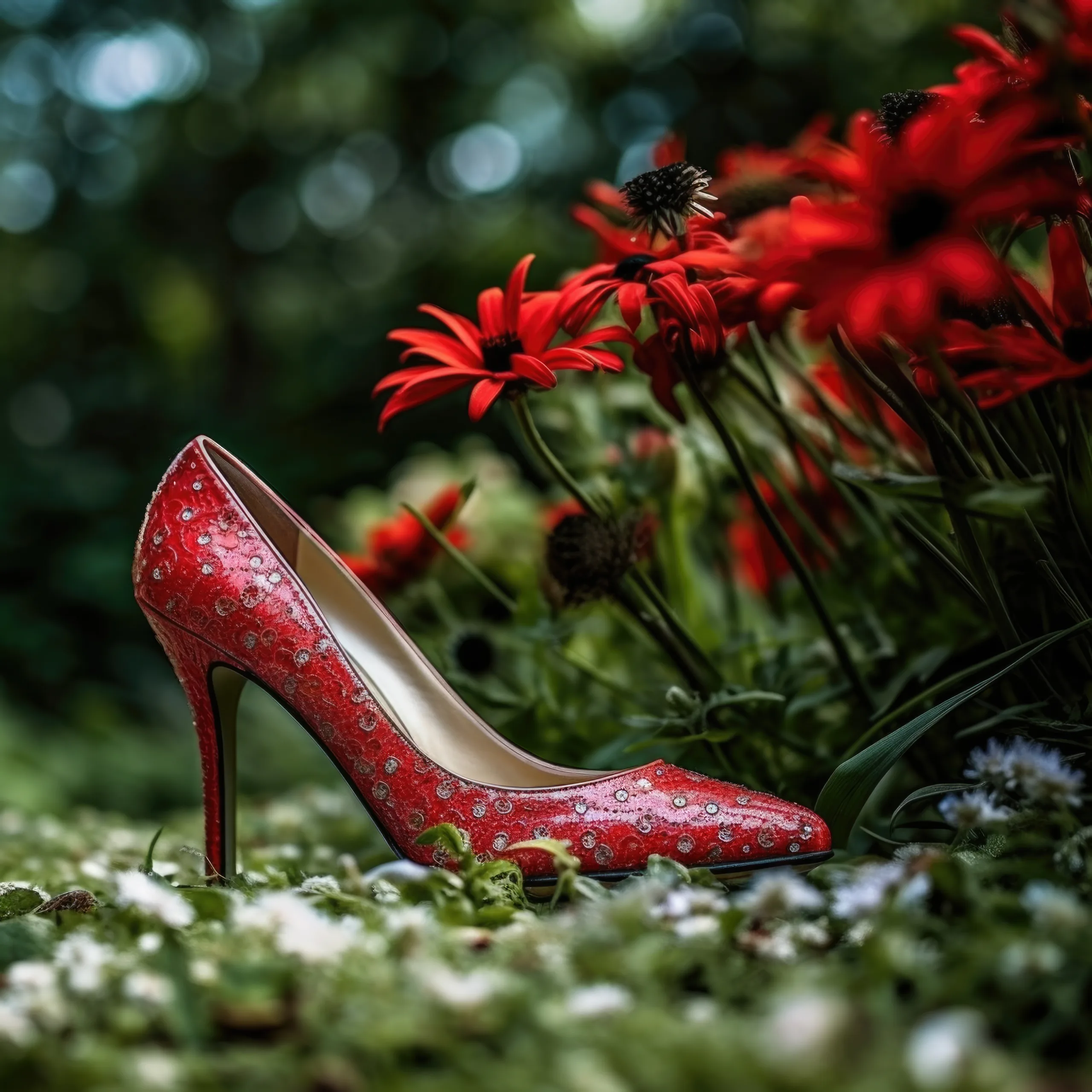 Orchardleigh Recommended Photographer:a pair of red high heels sitting on top of a lush green field.