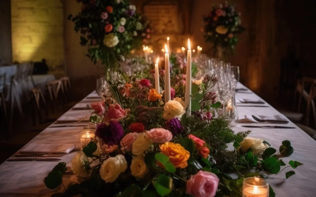 Wedding Decor:a long table with candles and wedding flowers on it.