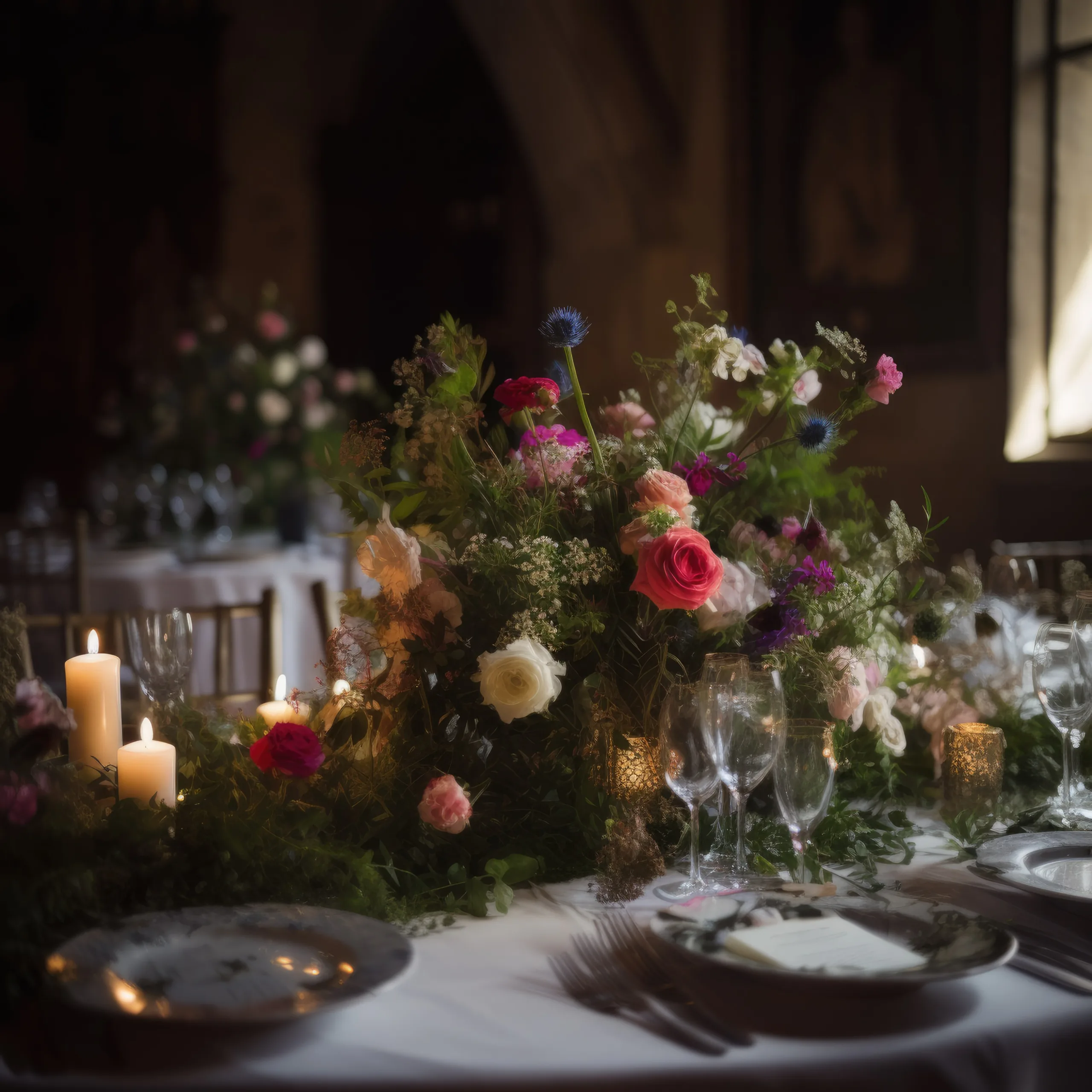 Castle Weddings: Flower Table Display:a table is set with flowers and candles.