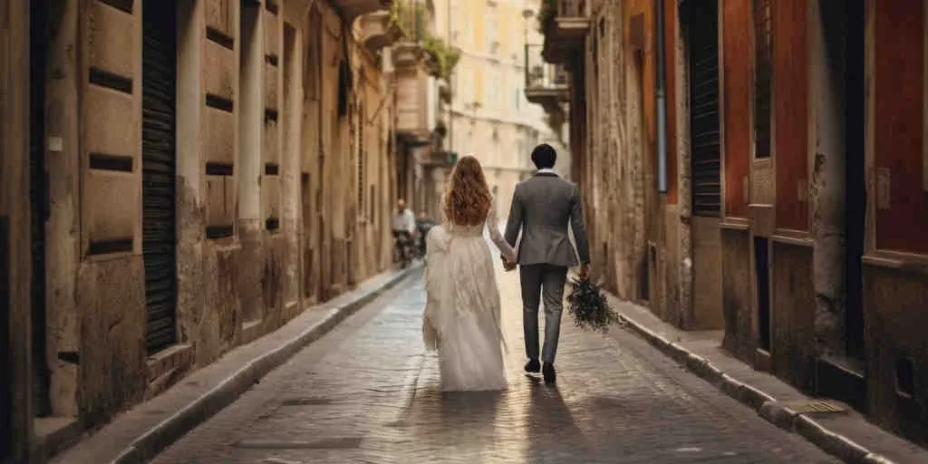 Wedding Photographer Bath: a bride and groom walking down a narrow street.