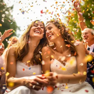 LGBTIQA+ wedding at Orchardleigh House Frome: two beautiful women sitting on a bench surrounded by confetti.