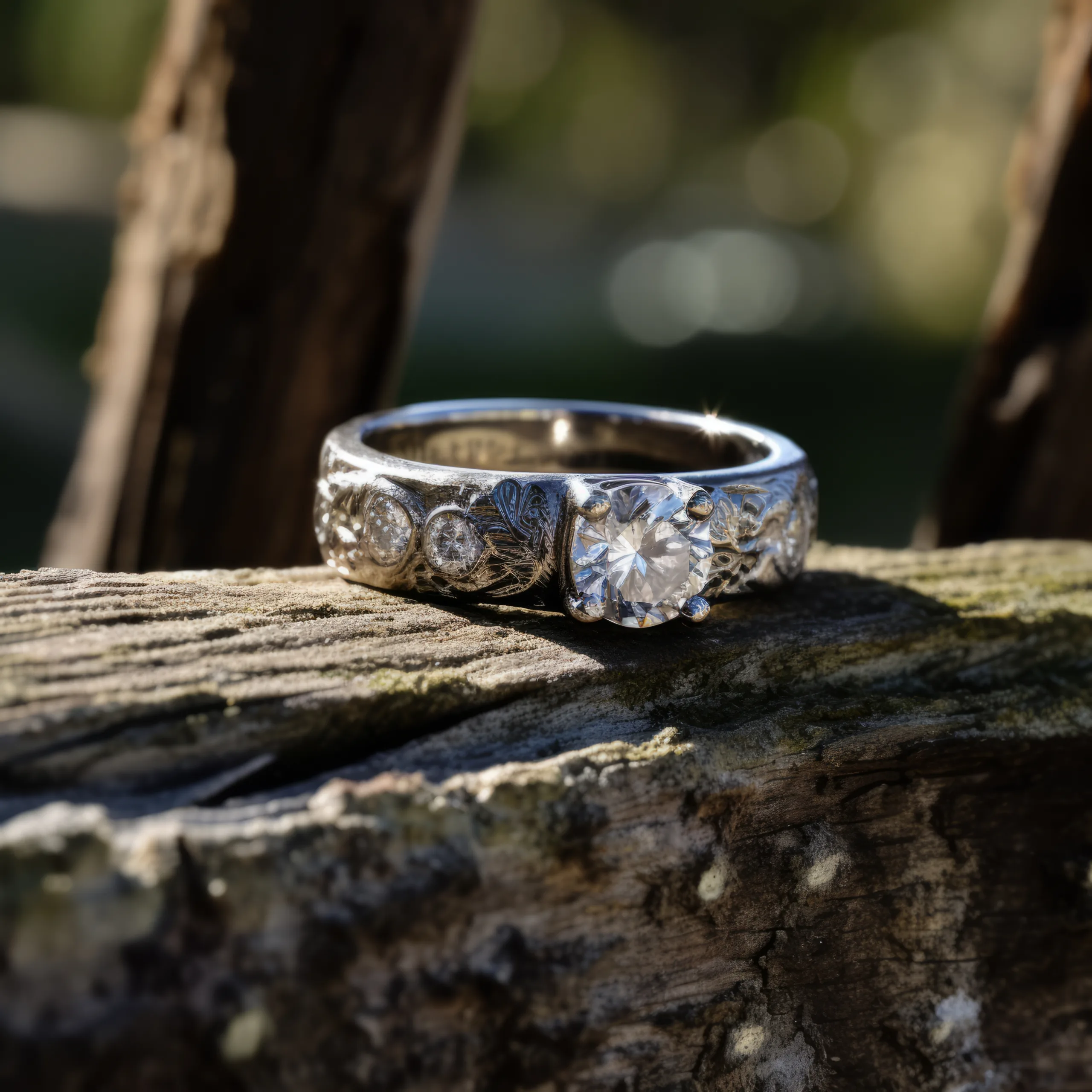 Orchadleigh House Wedding Photographer: close up of a wedding ring on a piece of wood.