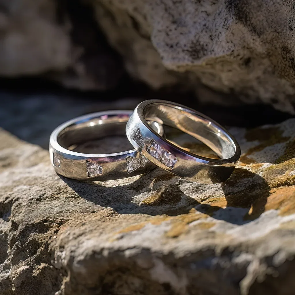 Gay wedding at Orchardleigh Hoses Weddings: two wedding rings sitting on top of a rock.