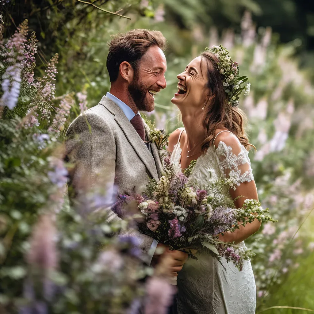 a bride and groom laughing in a field of flowers. Stress free photography