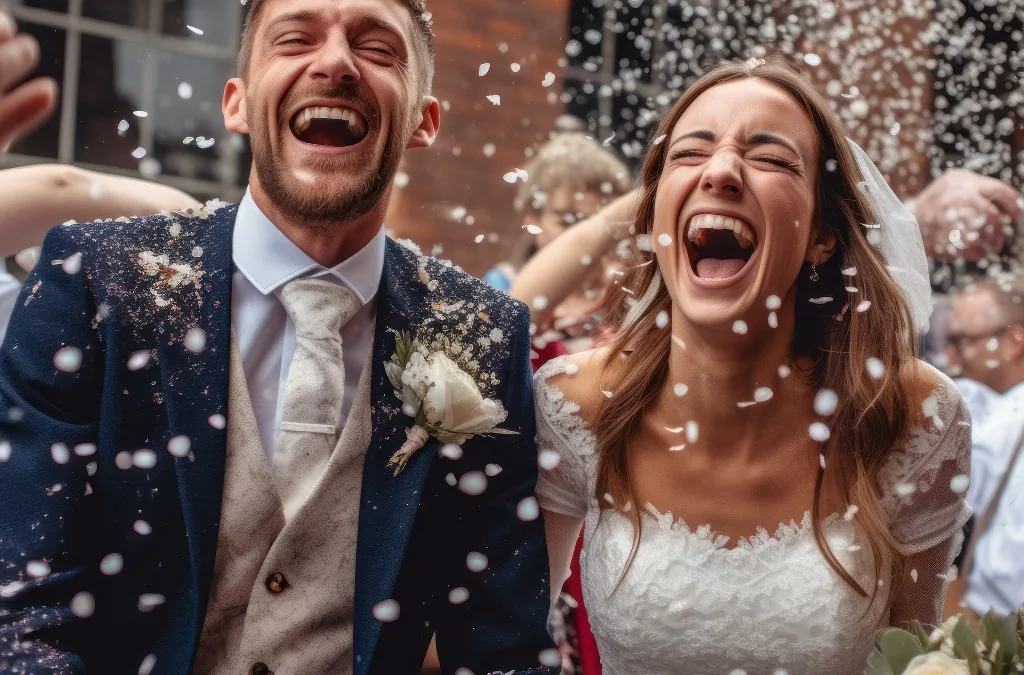 a bride and groom are surrounded by confetti. THE REVOLUTION OF THE WEDDING PHOTOGRAPHY INDSUSTRY